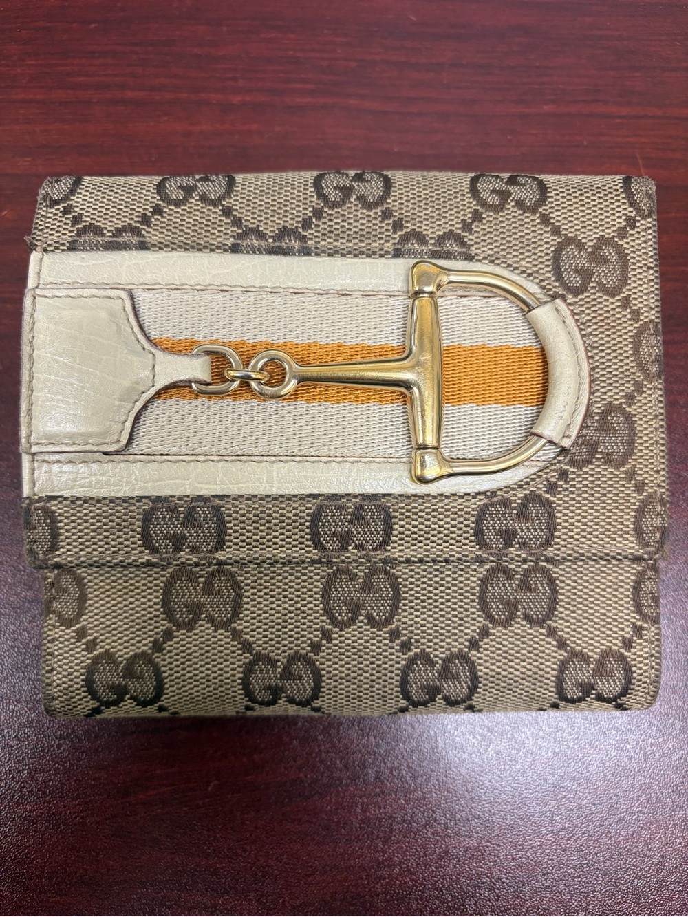 Gucci Brown Monogram Canvas Wallet with Gold Horsebit and Orange Stripe